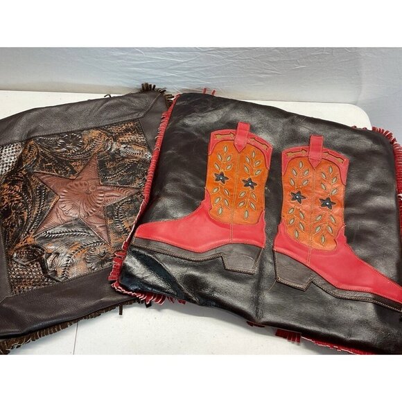 2 Western Leather Accent Pillows Fringed Cowboy boot Texas Star applique - Picture 1 of 15